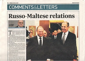 Russo-Maltese Relations by Ambassador Vladimir Malygin (The Times of Malta, Friday, July 14, 2017)